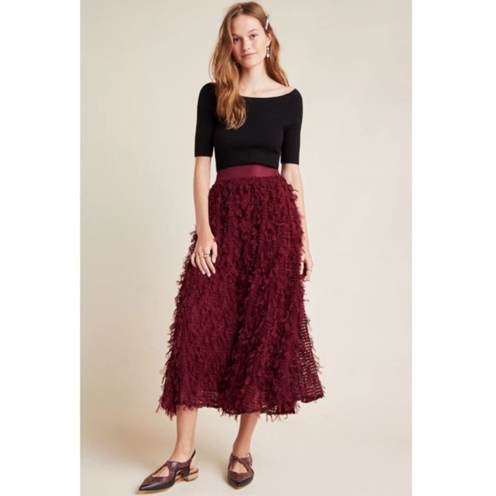 Seen Worn Kept Anthropologie Rhapsody‎ Textured Maxi Skirt Burgundy Wine US 12